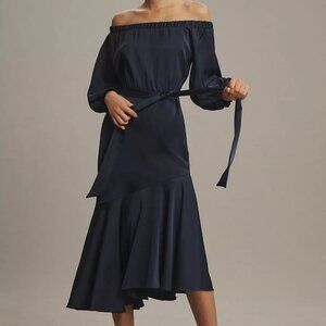 NWT | Sachin‎ + Babi Kai Dress Midnight Blue Off The Shoulder Long Sleeve Midi